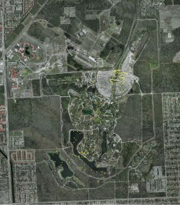 This map shows the detection density of the Florida bonneted bat in three connected county parks.